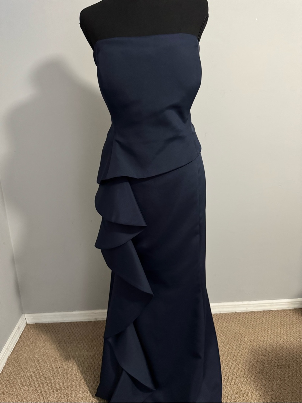 Strapless Navy Column Gown with Side Ruffle
